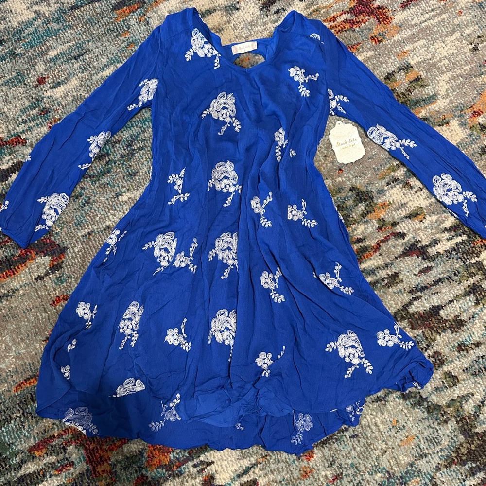 Altar'd State Blue V-Neck Sundress with Bishop Sleeves